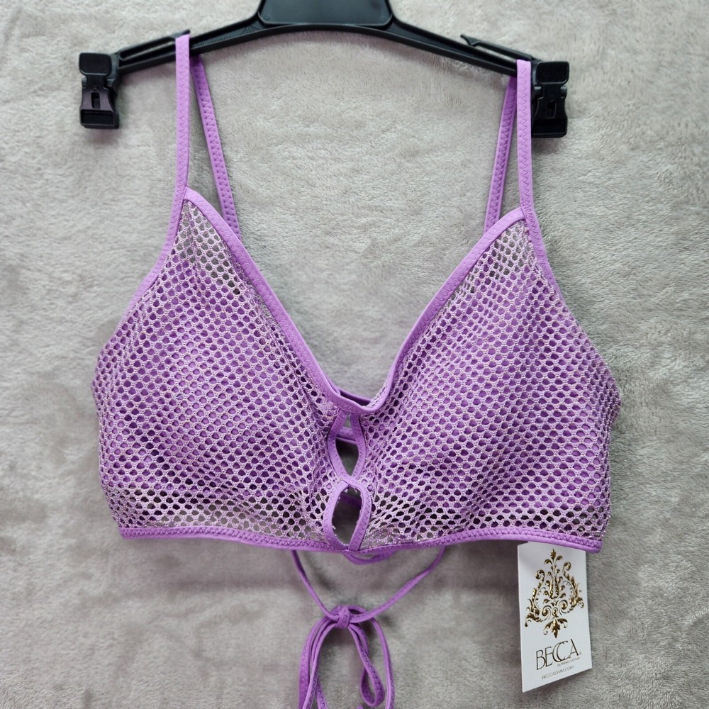 Becca Bikini Top Size L Purple Metallic Fishnet Removable Cups Network Cami